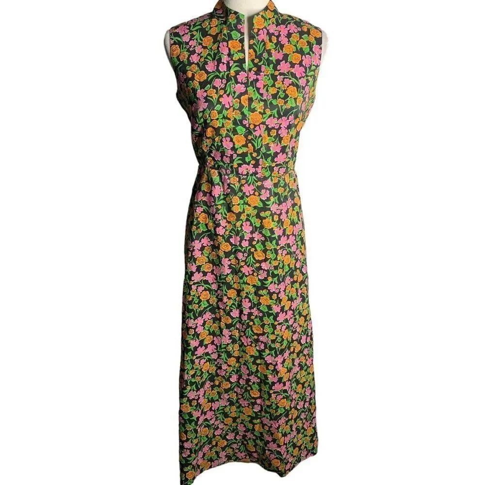 Vintage 60s Sleeveless Sheath Dress L Black Floral High Neck Split V Zip